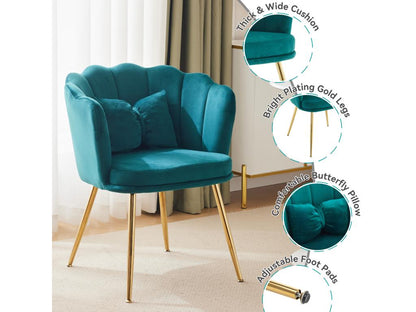 Lot de 4 Chaises en velours - avec dossier en forme de pétale - pieds en métal doré - Vert sapin PALE41685