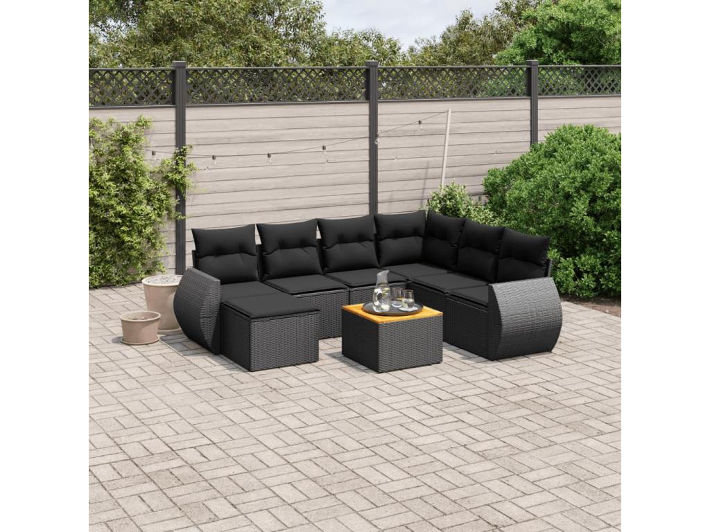 Salon de jardin 8 pcs avec coussins noir résine tressée AZBV94816