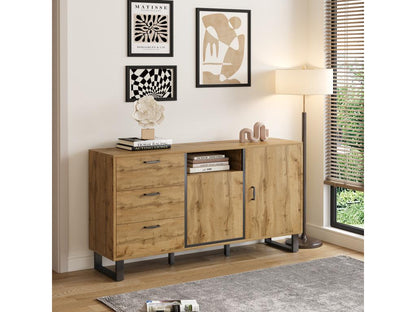 Buffet avec 3 tiroirs 2 portes et 1 niche - 150x38x76.5 cm - Panneau de particules - pour salon cuisine - Couleur naturel PSGG69174