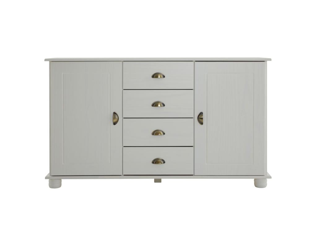 Buffet Artigeo commode bahut vaisselier meuble bas rangement avec 4 tiroirs au centre et 2 portes en pin massif lasuré blanc VIRI61594