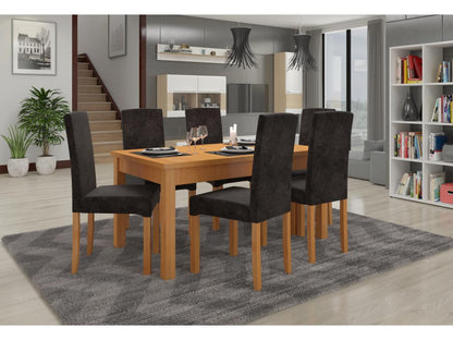 Ensemble table extensible 140-180cm et 6 chaises en bois clair de hêtre et tissu noir Zakria ESLM64311