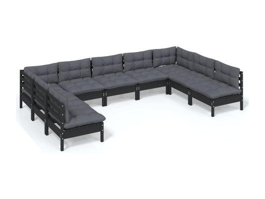 Salon de jardin 9 pièces avec coussins Noir Bois de pin solide KUDZ67278