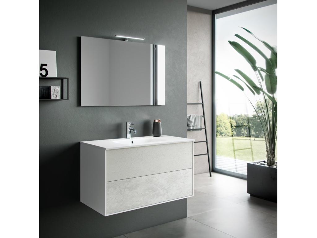 Ensemble meuble de salle de bain 2 tiroirs bois blanc et miroir à LED Artigeo L 90cm TVJS29086