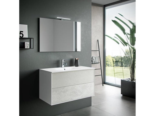 Ensemble meuble de salle de bain 2 tiroirs bois blanc et miroir à LED Artigeo L 90cm TVJS29086