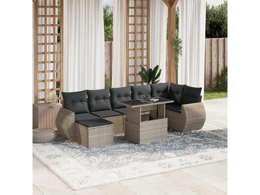 Salon de jardin 8 pièces avec coussins gris clair résine tressée YTYE02296