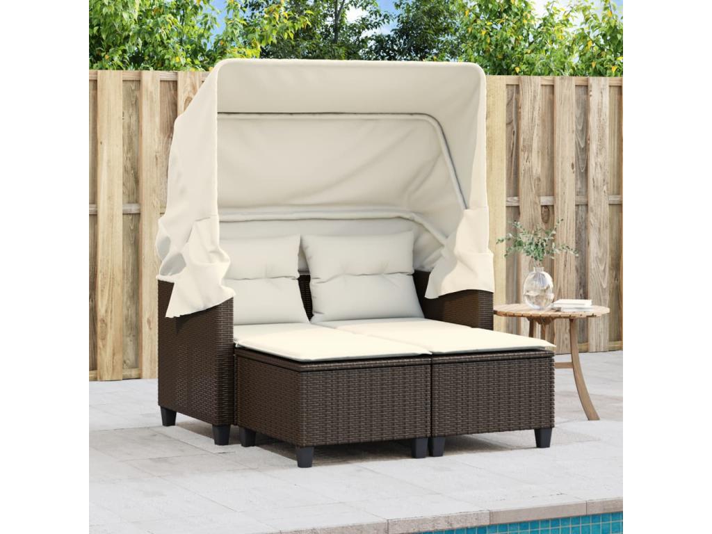 Canapé de jardin 2 places avec auvent et tabourets marron rotin QVXL28884