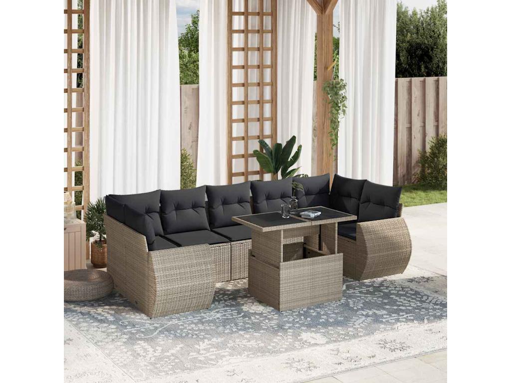 Salon de jardin 8 pièces avec coussins gris clair résine tressée EHYV11462