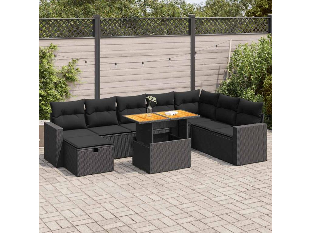 Salon de jardin avec coussins 9 pcs noir résine tressée Artigeo DATA72053