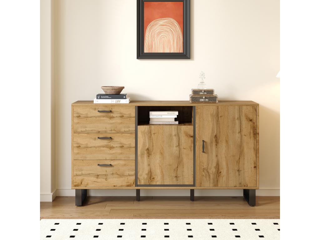 Buffet avec 3 tiroirs 2 portes et 1 niche - 150x38x76.5 cm - Panneau de particules - pour salon cuisine - Couleur naturel PSGG69174
