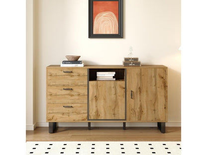 Buffet avec 3 tiroirs 2 portes et 1 niche - 150x38x76.5 cm - Panneau de particules - pour salon cuisine - Couleur naturel PSGG69174