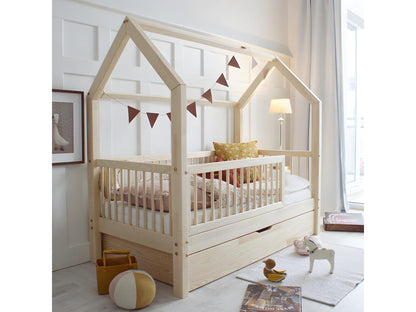 Lit cabane 90x190 barrière sommier et tiroir inclus Florie Bois YZUT19466