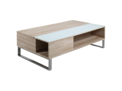 Chezlova Table de salon avec espace de rangement en finition chêne avec plateau en verre blanc et une structure en métal. EIXO60700