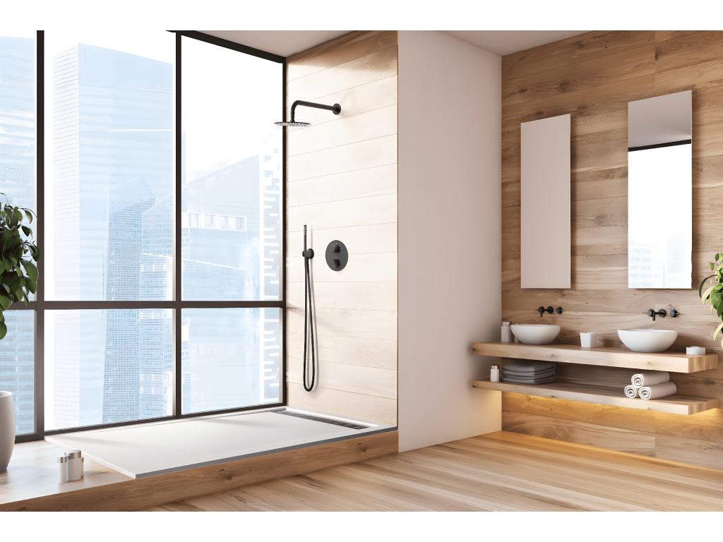 Receveur de douche 80x155 cm avec grille latérale Artigeo Extra Slim noir en résine synthétique et poudre de marbre avec drain WZNE87487