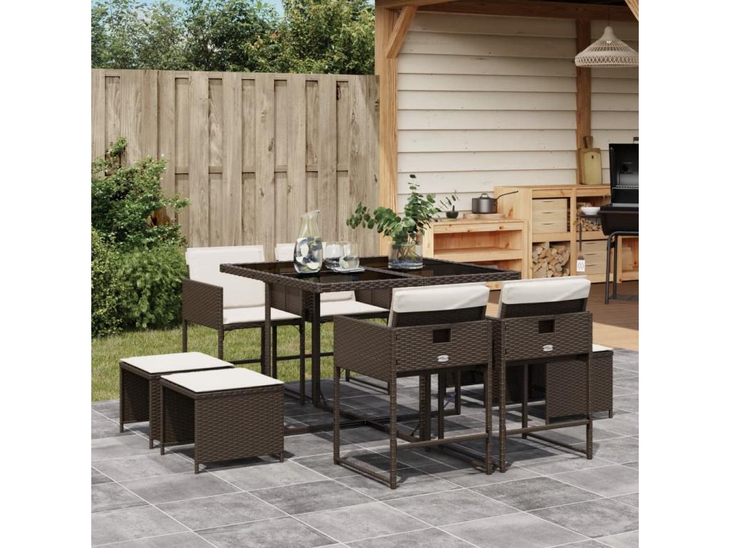 Ensemble à manger de jardin et coussins 9 pièces marron poly rotin NCIE08941