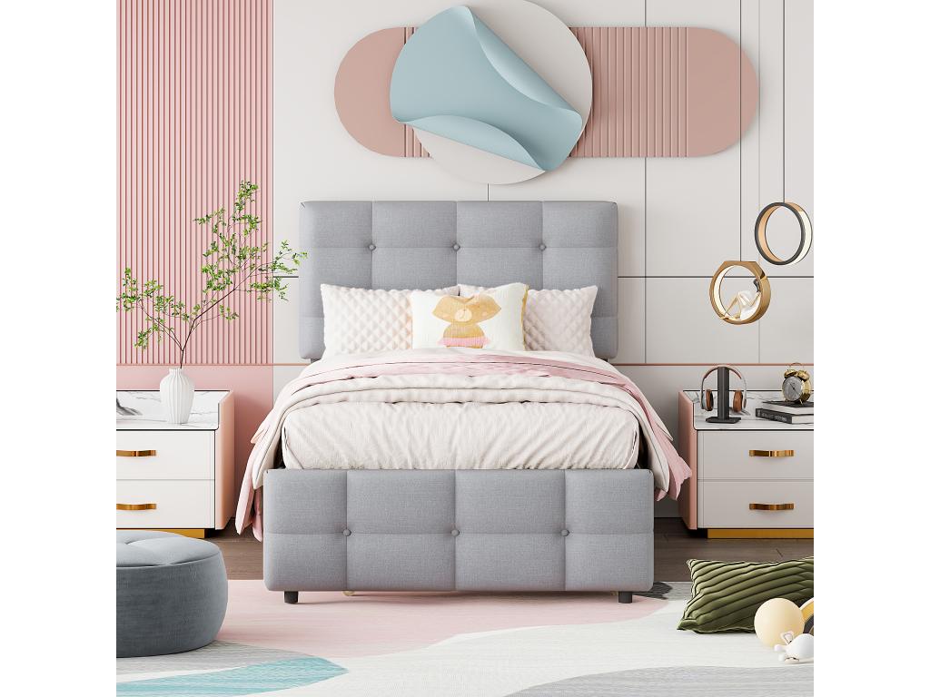 Lit gigogne 90x190/200 cm - tête de lit réglable - tissu lin - pour enfants - gris CYPY32160