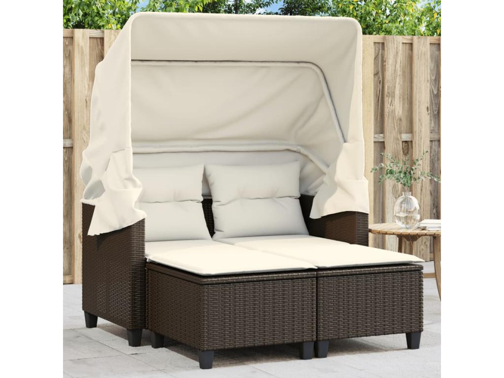 Canapé de jardin 2 places avec auvent et tabourets marron rotin QVXL28884