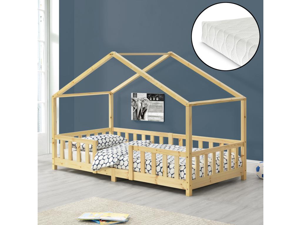 Lit enfant Artigeo Forme Maison Avec Matelas À Mousse À Froid 200x90Cm Bois Naturel WHZA81615