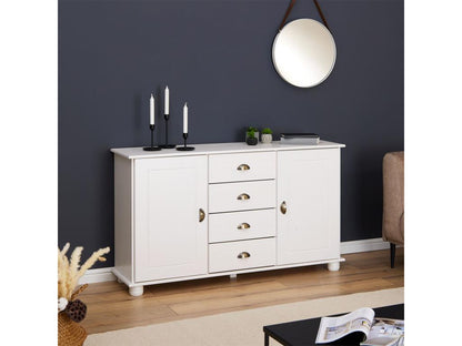 Buffet Artigeo commode bahut vaisselier meuble bas rangement avec 4 tiroirs au centre et 2 portes en pin massif lasuré blanc VIRI61594