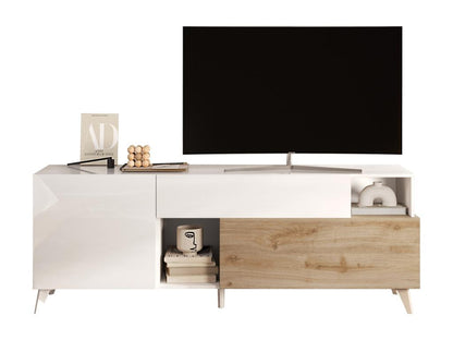 Meuble TV avec 2 portes 1 tiroir et 2 niches - 181 cm - Blanc laqué et naturel - Artigeo YPVC87766
