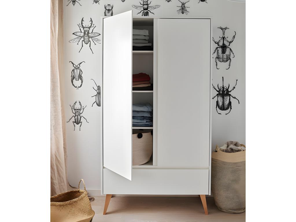 Armoire 2 portes 1 tiroir Swing - Blanc et bois FEWD22761