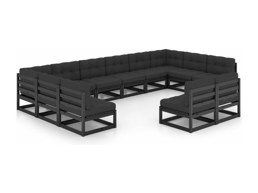 Salon de jardin 12 pcs avec coussins Noir Bois de pin massif RJWV82951
