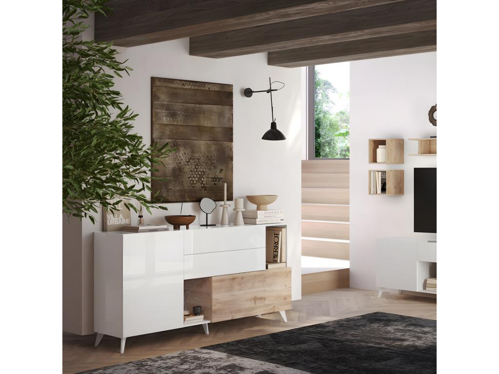 Buffet 180 cm Blanc brillant/Chêne naturel - Chezlova LVPN41243