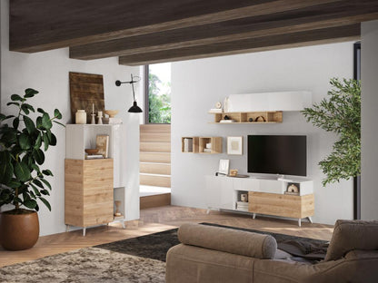 Meuble TV avec 2 portes 1 tiroir et 2 niches - 181 cm - Blanc laqué et naturel - Artigeo YPVC87766