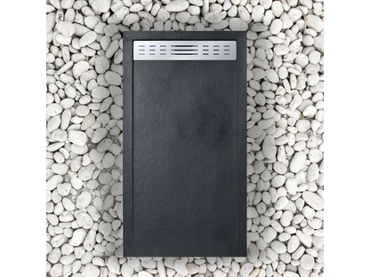 Receveur de douche 80x155 cm avec grille latérale Artigeo Extra Slim noir en résine synthétique et poudre de marbre avec drain WZNE87487