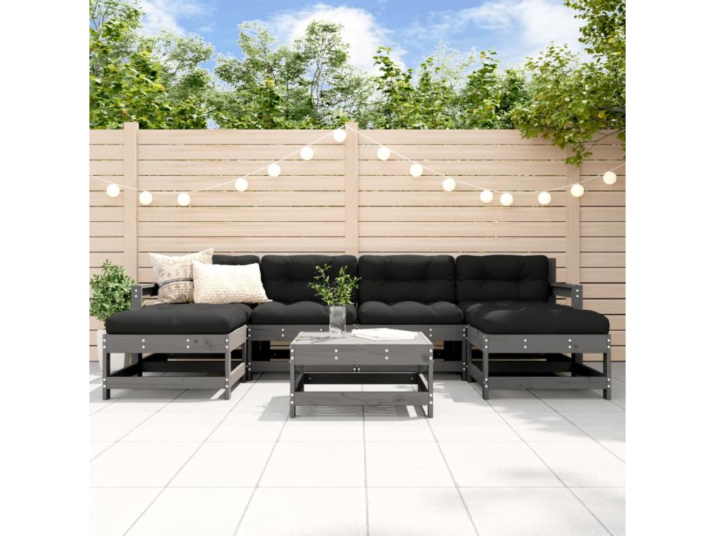 Salon de jardin 7 pièces avec coussins gris bois massif WEVX94403