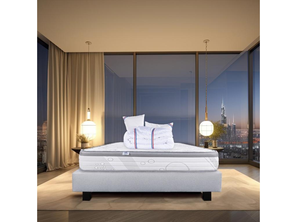 Ensemble Matelas Relaxation 26 cm ressorts ensachés ferme face été/hiver sommier gris ep20cm oreiller couette 140x190cm KWOM30940