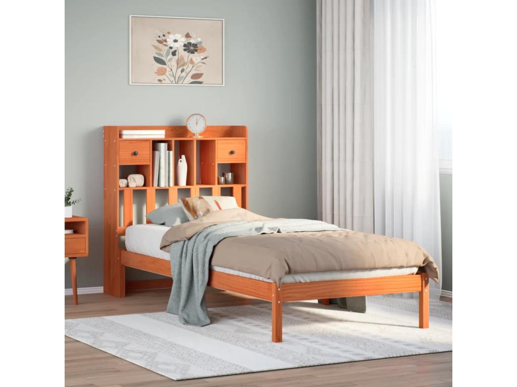Lit bibliothèque sans matelas cire marron 100x200 cm pin massif CTCB22536