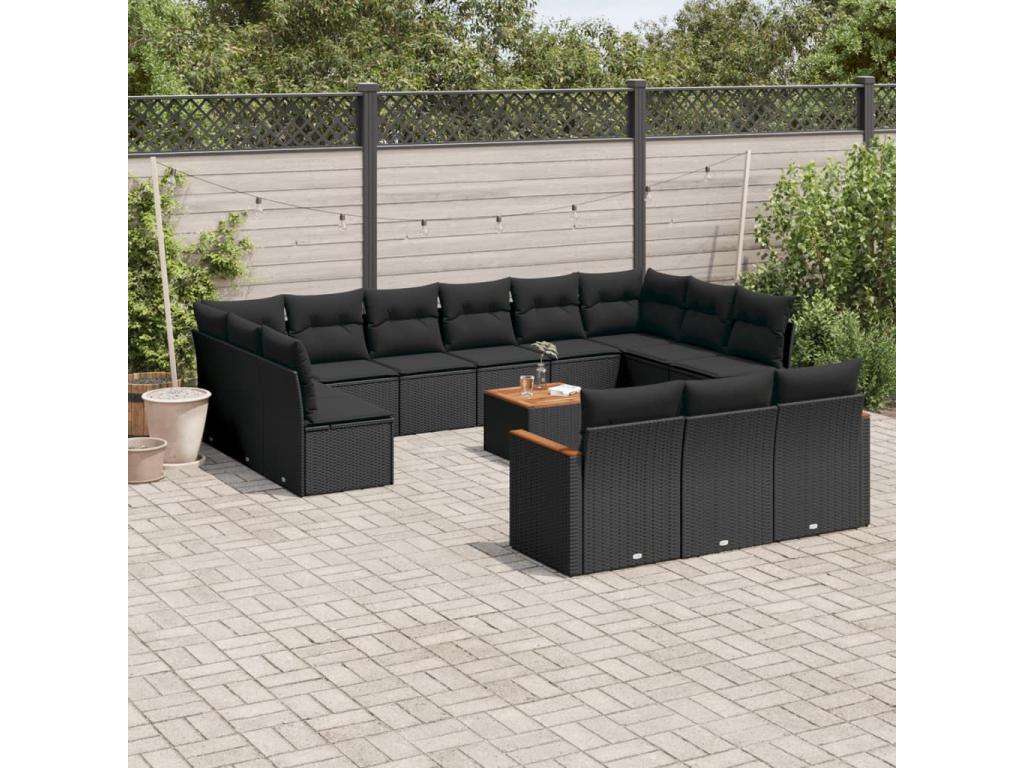 Salon de jardin avec coussins 14 pcs noir résine tressée JCHM68981
