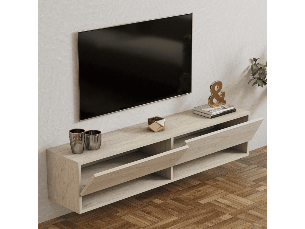 Meuble TV suspendu 2 portes abattantes décor travertin L141 cm - Artigeo CPGK36121