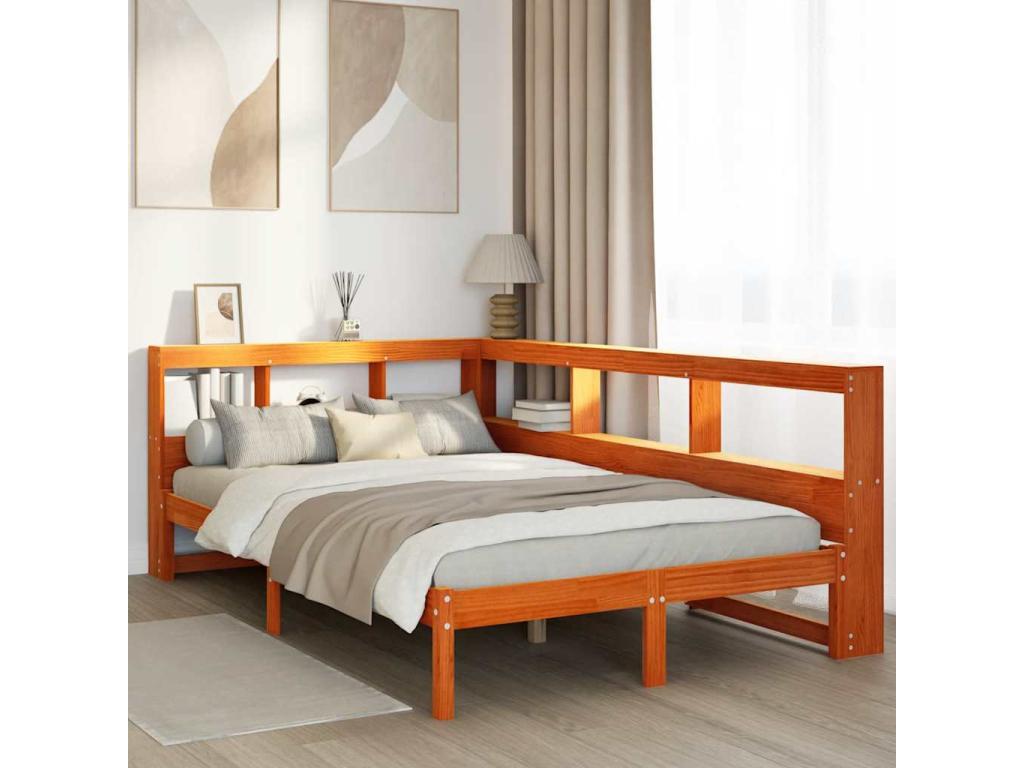 Lit bibliothèque sans matelas cire marron 120x190cm pin massif IMKD43031