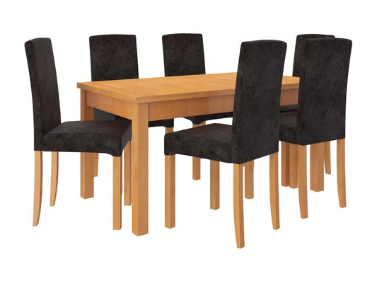 Ensemble table extensible 140-180cm et 6 chaises en bois clair de hêtre et tissu noir Zakria ESLM64311