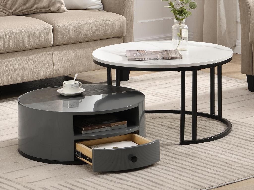 Lot de 2 tables gigognes - aspect marbre en PVC - 1 tiroir et 1 niche - gris AVMJ11606