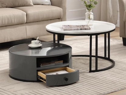 Lot de 2 tables gigognes - aspect marbre en PVC - 1 tiroir et 1 niche - gris AVMJ11606