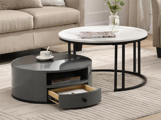 Lot de 2 tables gigognes - aspect marbre en PVC - 1 tiroir et 1 niche - gris AVMJ11606