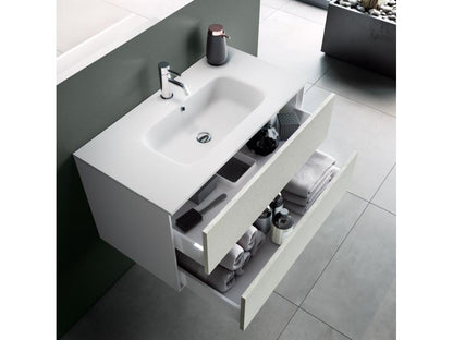 Ensemble meuble de salle de bain 2 tiroirs bois blanc et miroir à LED Artigeo L 90cm TVJS29086