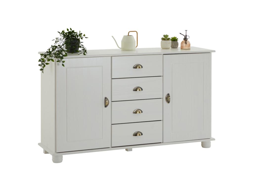 Buffet Artigeo commode bahut vaisselier meuble bas rangement avec 4 tiroirs au centre et 2 portes en pin massif lasuré blanc VIRI61594