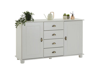 Buffet Artigeo commode bahut vaisselier meuble bas rangement avec 4 tiroirs au centre et 2 portes en pin massif lasuré blanc VIRI61594