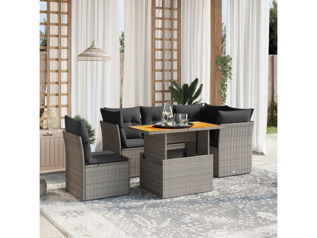 Salon de jardin 5 pcs avec coussins gris résine tressée NQQL82764