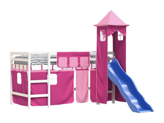 Lit mezzanine enfants avec tour rose 90x200 cm bois pin massif DCGJ53599
