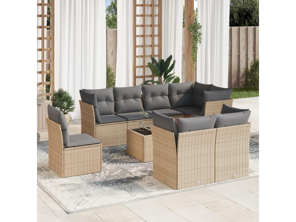Salon de jardin avec coussins 9 pcs beige résine tressée MFYT07397
