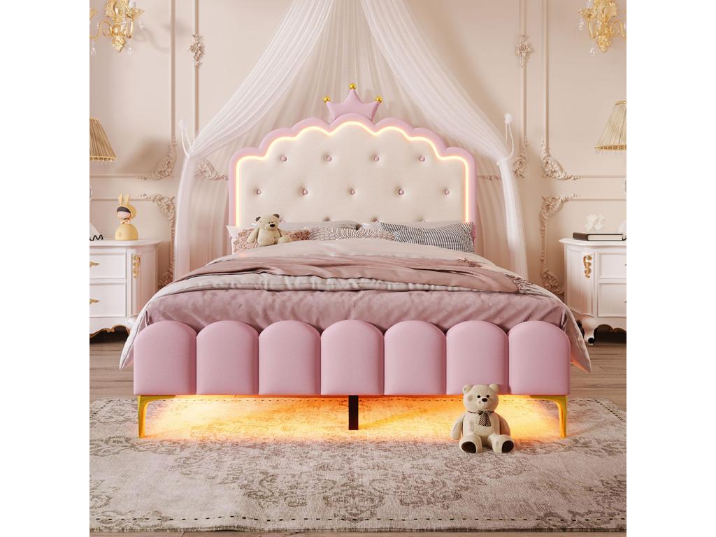 Lit rembourré 140x200 cm Artigeoère d'Artigeo avec télécommande couronne en forme de princesse PU rose RYCN56817