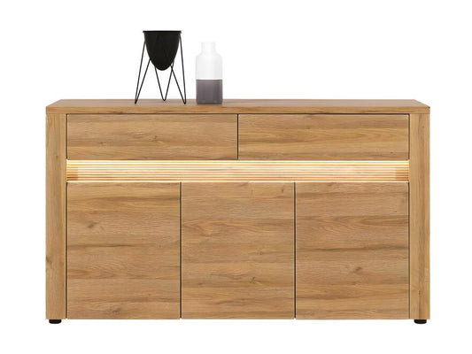 Buffet 3 portes battantes 2 tiroirs Chêne à LED - Cosymeub - L 150 x l 40 x H 86 cm EAIG18065