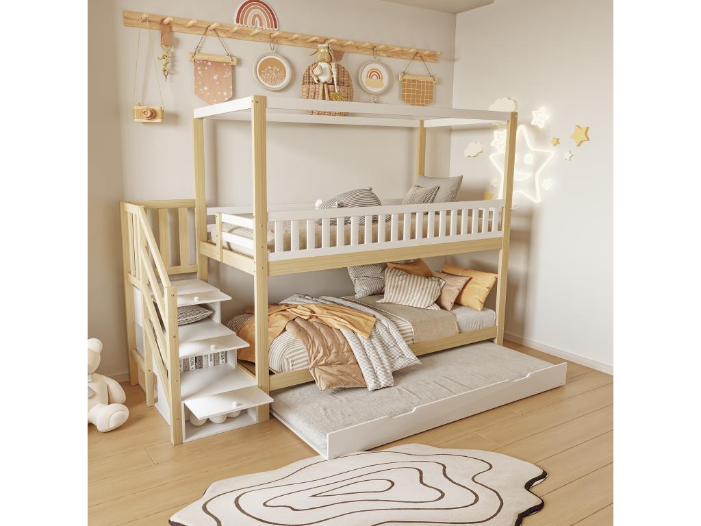 Lits superposés 2x90x200 cm avec lit gigogne 90x190 cm - 3 tiroirs - Pin contreplaqué MDF - Blanc et bois sans matelas ADTP51738