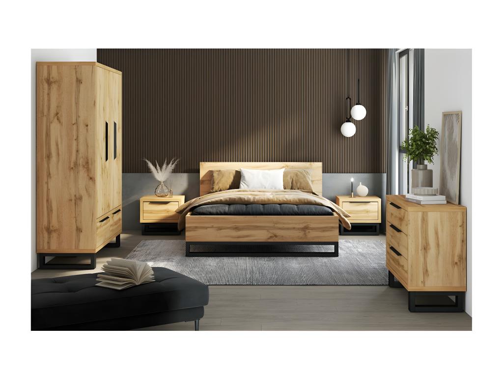 Lit adulte 140x200 style industriel - Collection Artigeo- Coloris chêne brut et noir- Sommier inclus FEAQ17131