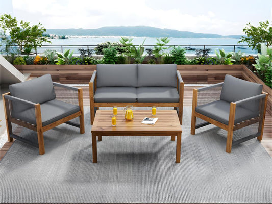 Salon de jardin en acier 4 places - canapé、2 fauteuils et table basse - en corde tressée et bois d'Cosymeub - Gris VGVG21775