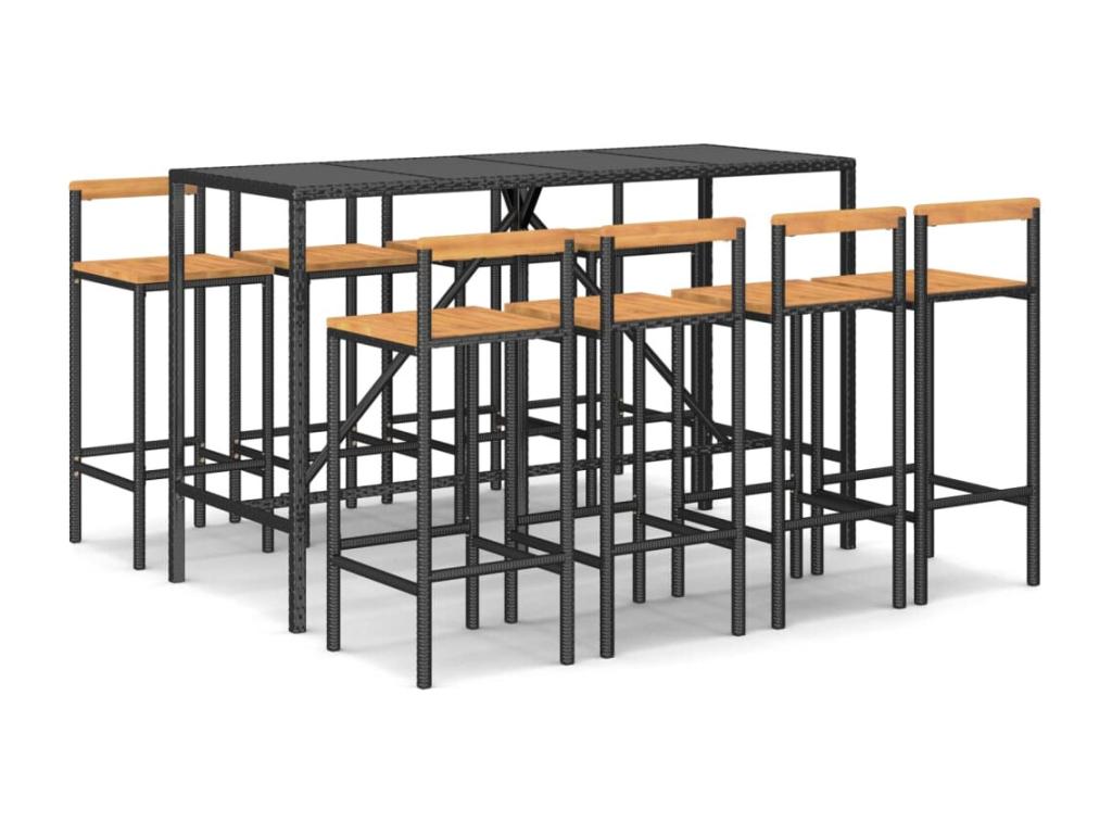 Ensemble de bar jardin 9 pcs noir poly rotin-bois massif Artigeo NZLC14141